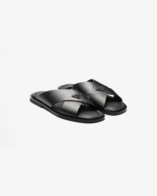 Prada Men's Black Crisscross Logo-Triangle Leather Sandals
