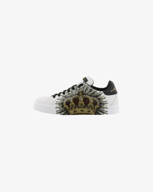 Dolce & Gabbana Crown Print Portofino Low Top Sneakers - White/Black