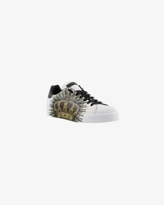 Dolce & Gabbana Crown Print Portofino Low Top Sneakers - White/Black