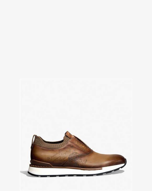 Berluti Fast Track Scritto Leather and Knit Slip-On Sneaker