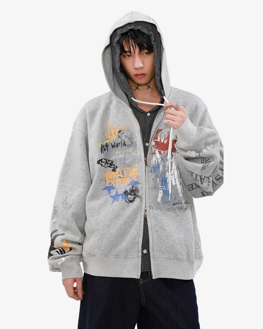 Street Graffiti Print Loose Zip-up Hoodie "Grey"